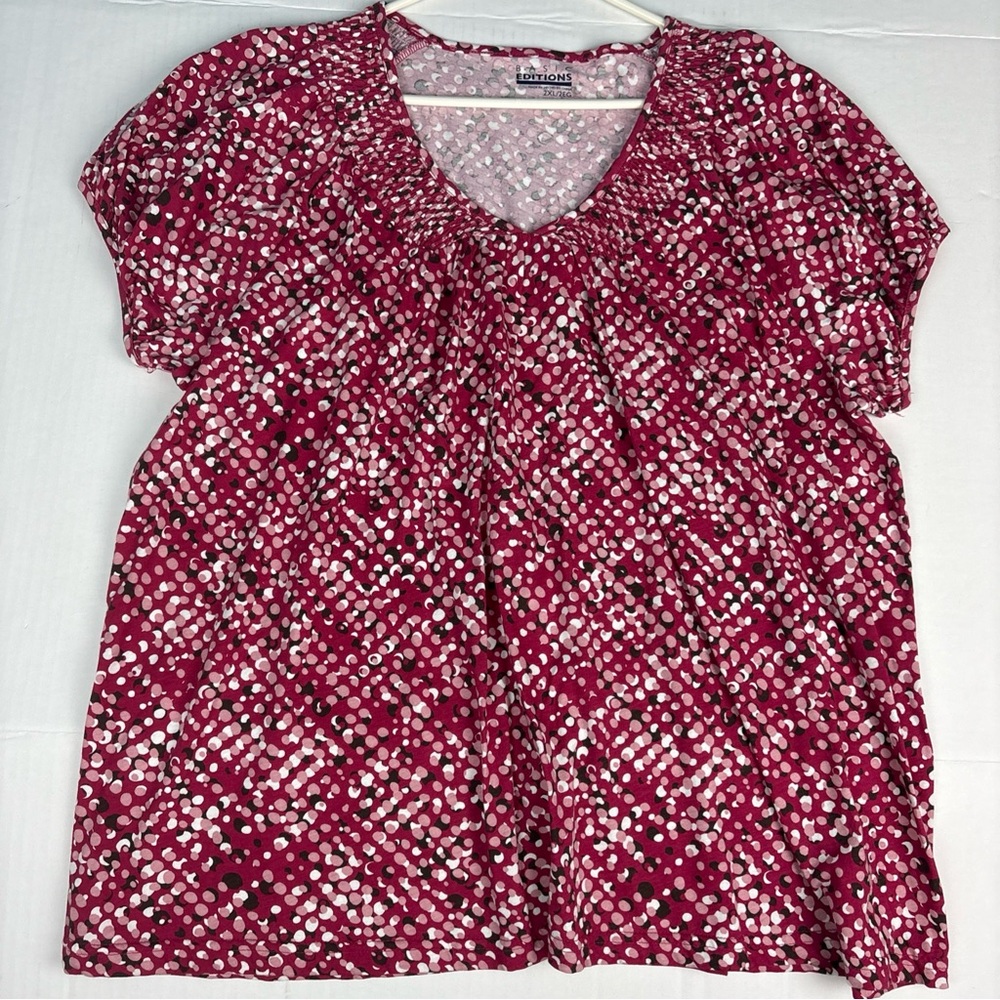 Basic Edition Women 2XL Shirt Pink White Black Dots Gathered V-Neck Cotton Poly